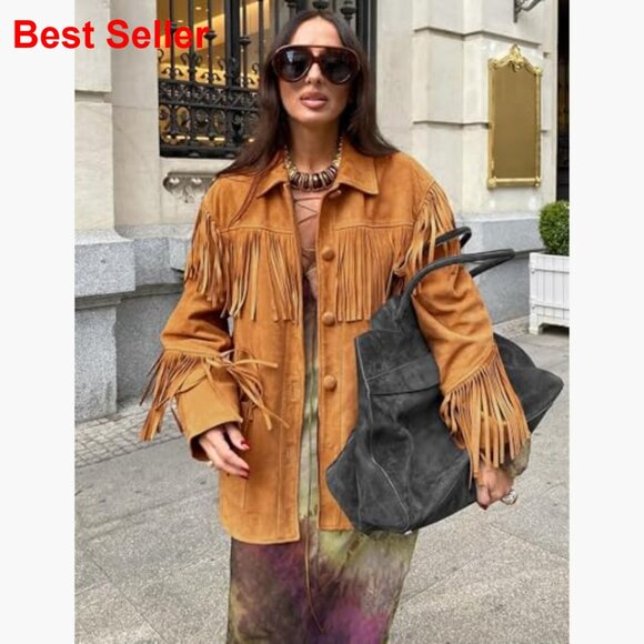Faux Suede Fringe Jacket Oversized Western Style Long Sleeve - Picture 3 of 5